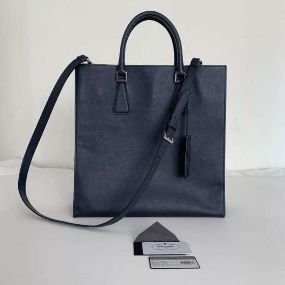 PRADA Tote Bag Leather Business Saffiano Cuir Travel Tote w/Shoulder Strap Blue - Picture 1 of 16